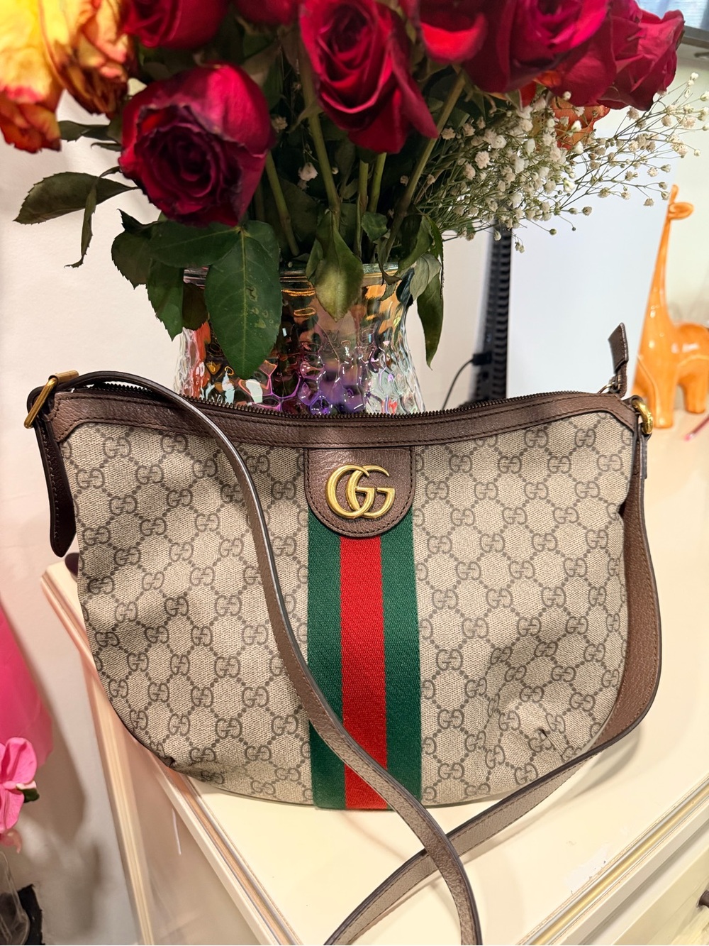 Gucci GG  ophidia half moon Supreme Web Stripe Shoulder Bag in Beige/Brown - Picture 2 of 16